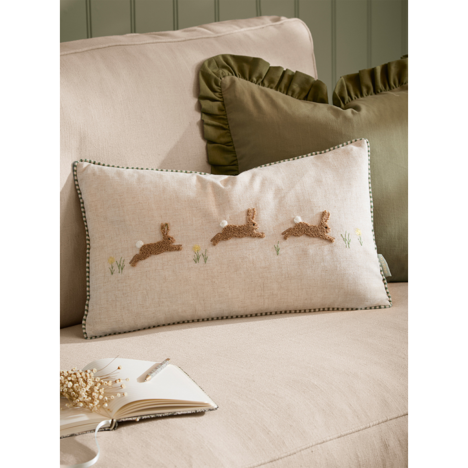 George Sage Green Ramble Hares Tufted Cushion