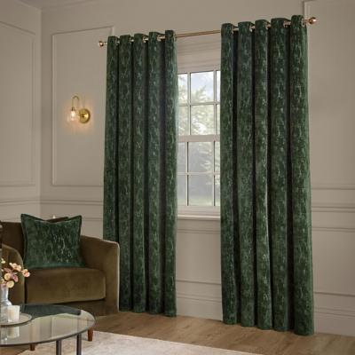 Paoletti Aurelio Chenille Fully Lined Eyelet Curtain Pair in Emerald | Size: 168Cm Width X 183Cm Drop
