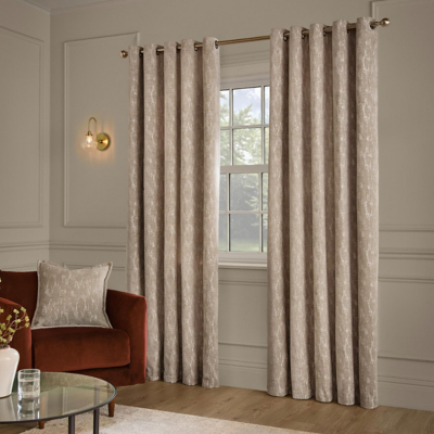 Paoletti Aurelio Chenille Fully Lined Eyelet Curtain Pair in Light Brown | Size: 168Cm Width X 137Cm Drop