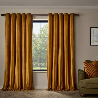 Paoletti Regency Stripe Velvet Fully Lined Eyelet Curtain Pair in Gold | Size: 168Cm Width X 229Cm Drop