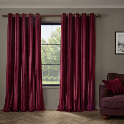 Paoletti Regency Stripe Velvet Fully Lined Eyelet Curtain Pair in Burgundy | Size: 229Cm Width X 183Cm Drop