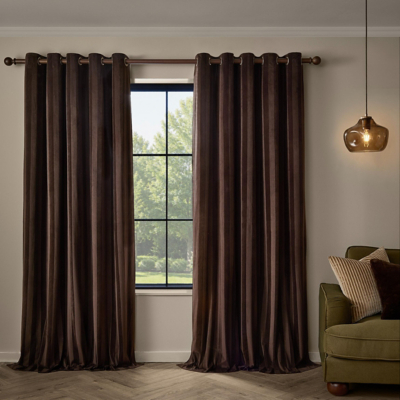 Paoletti Regency Stripe Velvet Fully Lined Eyelet Curtain Pair in Chocolate | Size: 117Cm Width X 137Cm Drop