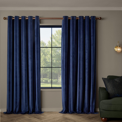 Paoletti Regency Stripe Velvet Fully Lined Eyelet Curtain Pair in Midnight | Size: 168Cm Width X 229Cm Drop