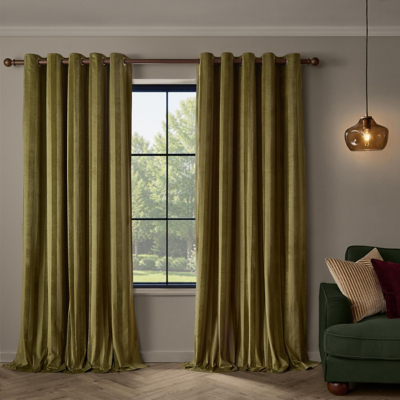 Paoletti Regency Stripe Velvet Fully Lined Eyelet Curtain Pair in Olive | Size: 117Cm Width X 183Cm Drop