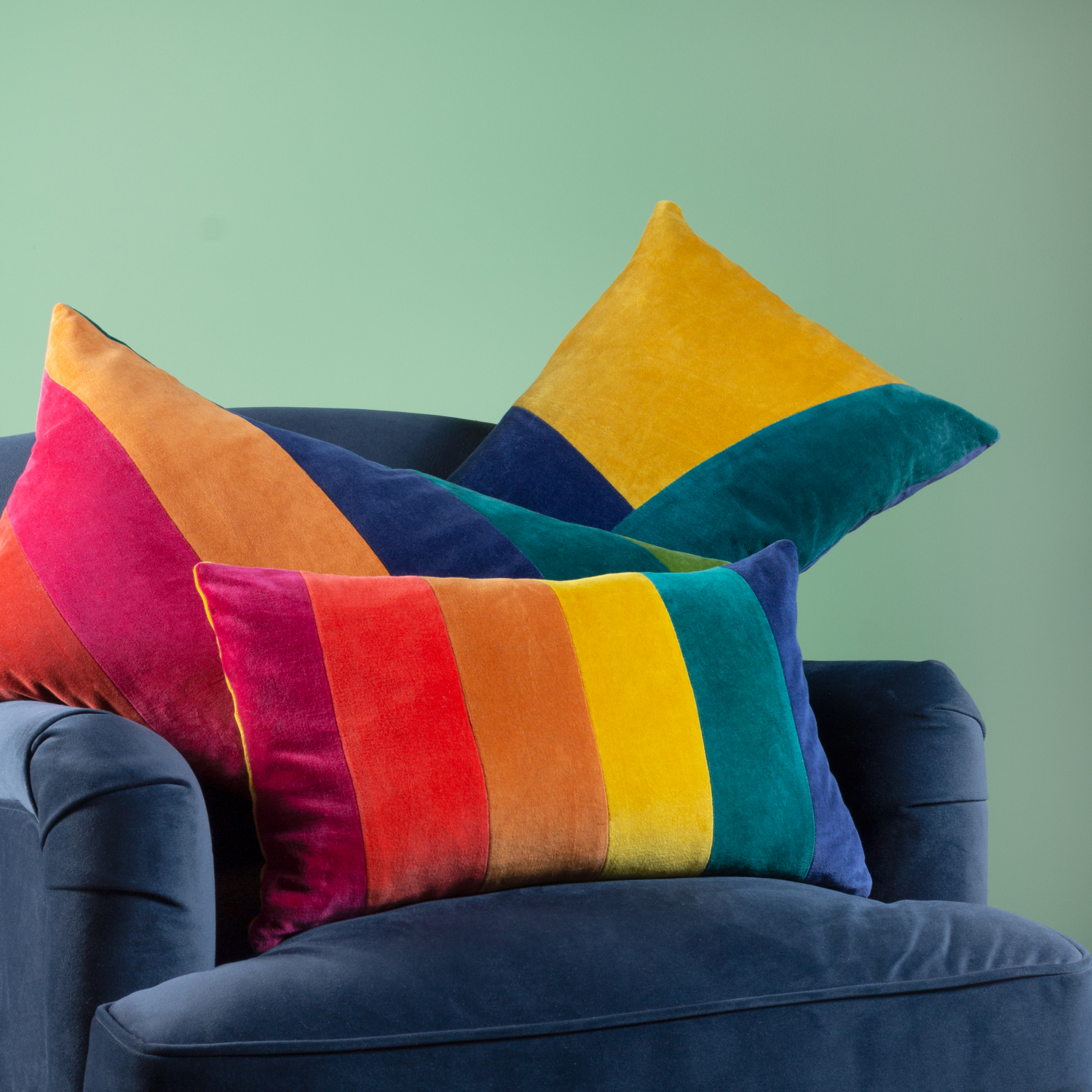 George Multi Little Furn Rainbow Striped Cotton Velvet Cushion