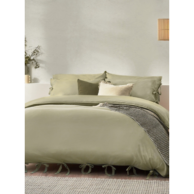 Yard Mallow Bowtie Cotton Double Duvet Cover Set Soft Sage, Green
