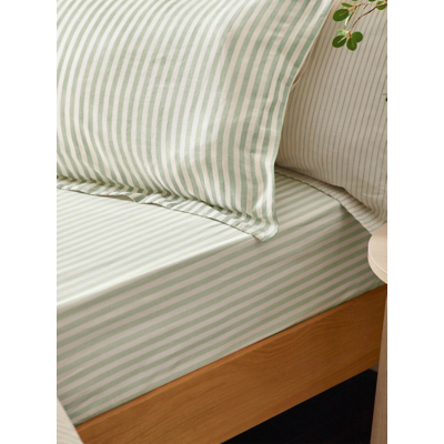 Yard Hebden Striped 100% Cotton Fitted Sheet Eucalyptus Single, Green