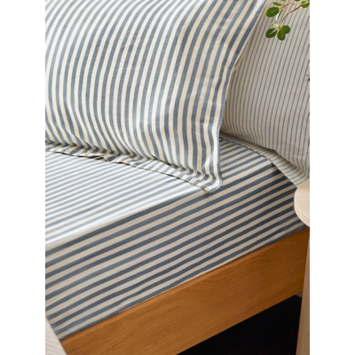Yard Hebden Striped 100% Cotton Fitted Sheet Navy Single, Blue