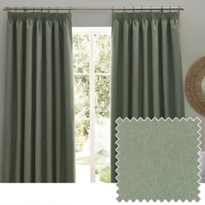 Furn Dawn Textured Blackout Pencil Pleat Curtains Eucalyptus 229Cm Width 137Cm Drop, Green