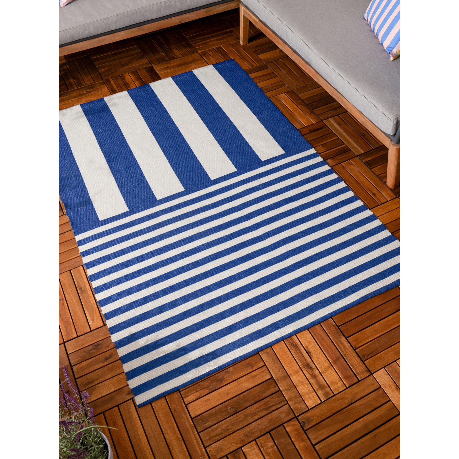 George Blue & White Furn Deck Stripe Printed Indoor & Outdoor Rug