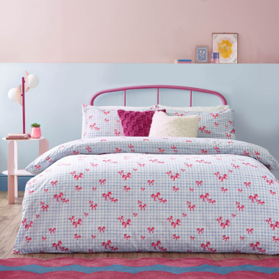 Heya Home Gingham Bows Printed Duvet Cover Set, King, Blue, Blue
