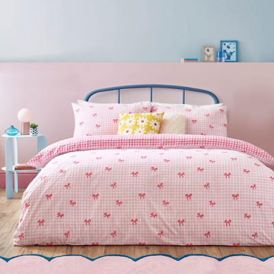 Heya Home Gingham Bows Printed Duvet Cover Set, Single, Pink, Pink