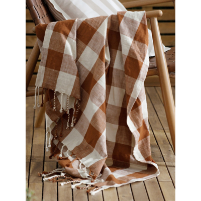 Yard Chesil Check Tasselled 100% Cotton Throw Pecan 130 X 170Cm, Orange