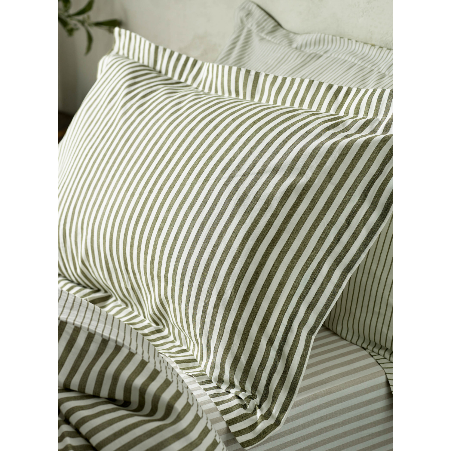 George Olive Green Hebden Olive Mélange Stripe 100% Cotton Pillowcase Pair