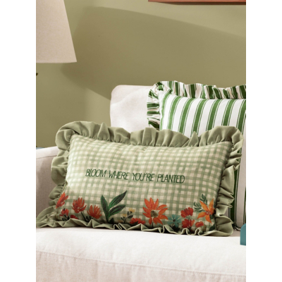 Furn Meadow Haze Embroidered Ruffle Cushion Green, Green