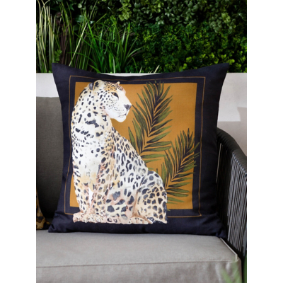 Paoletti Leopardis Cat Printed Filled Outdoor Cushion Black/Gold 50 X 50Cm, Black