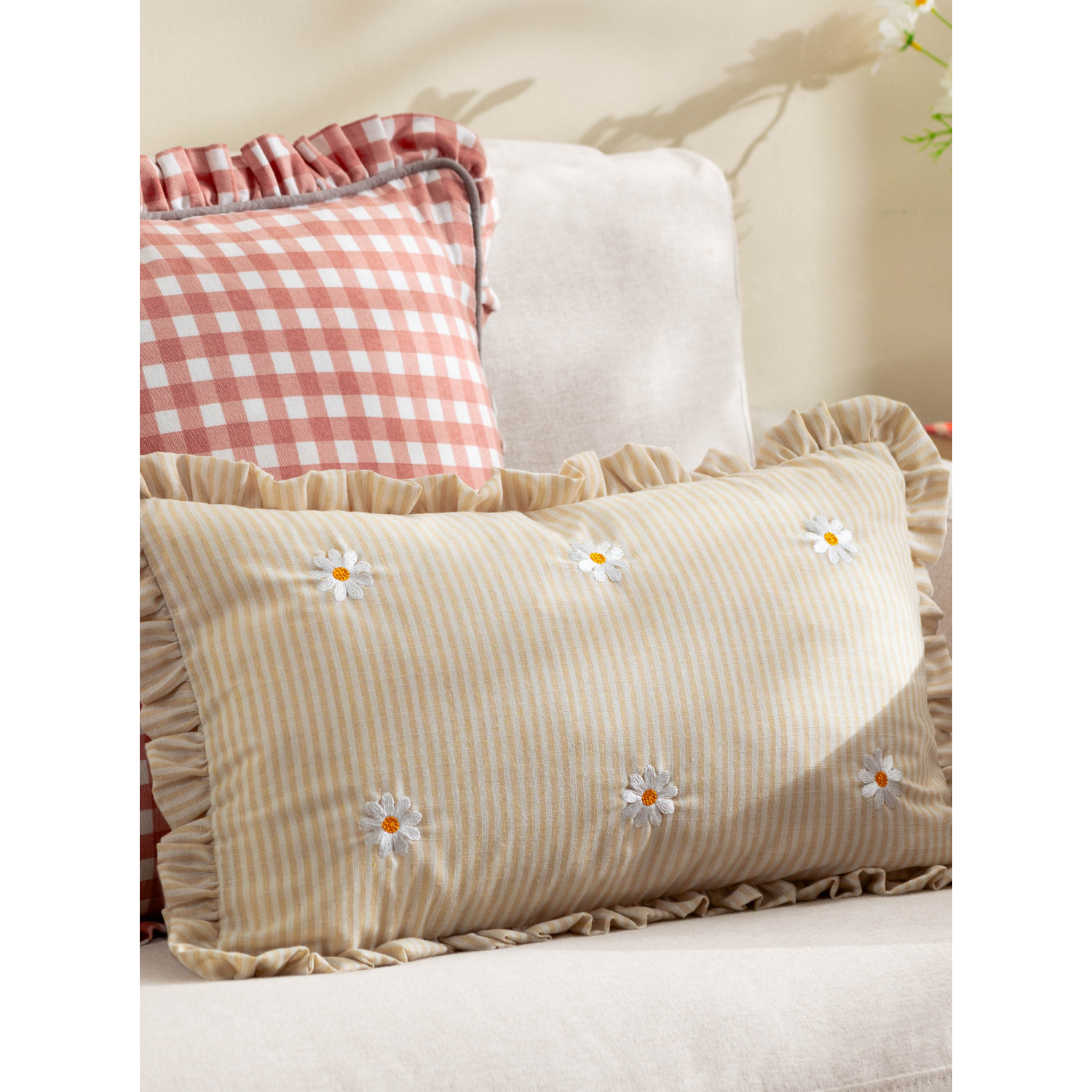 George Yellow Furn Les Fleurs Embroidered Daisy Stripe Ruffle Cushion