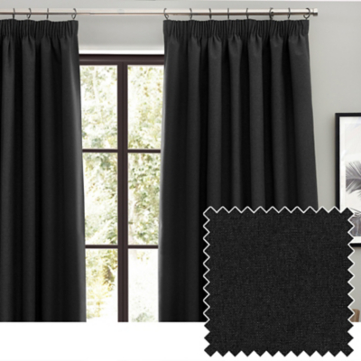 furn Dawn Textured Blackout Pencil Pleat Curtains Black 168cm width 137cm drop, Black
