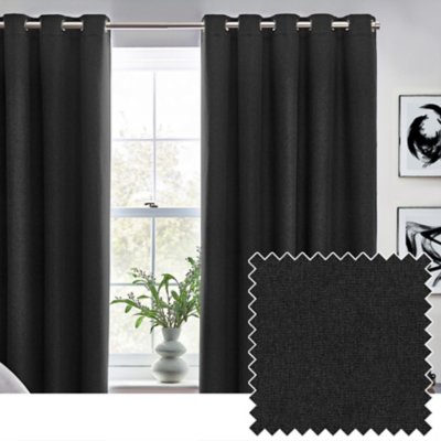 furn Dawn Textured Blackout Eyelet Curtains Black 168cm width 183cm drop, Black