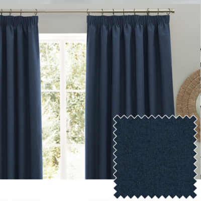 furn Dawn Textured Blackout Pencil Pleat Curtains Midnight 117cm width 137cm drop, Blue