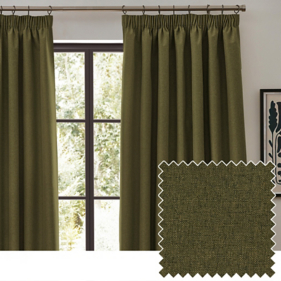 furn Dawn Textured Blackout Pencil Pleat Curtains Olive 168cm width 137cm drop, Green