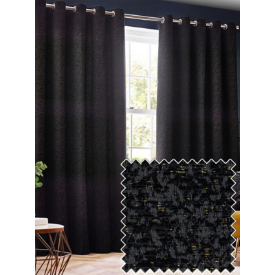 Paoletti Galaxy Velvet Chenille Eyelet Curtain Pair in Black | Size: 168Cm Width X 183Cm Drop