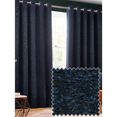 Paoletti Galaxy Velvet Chenille Eyelet Curtain Pair in Navy | Size: 229Cm Width X 229Cm Drop