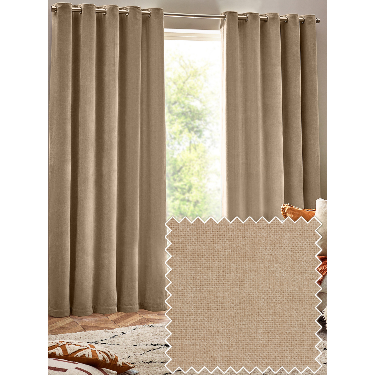 George Natural Yard Heavy Chenille Velvet Eyelet Curtains