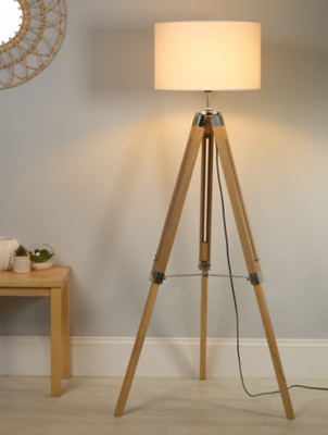 LC Light Wood Base Floor Lamp With Cream Linen Shade Home