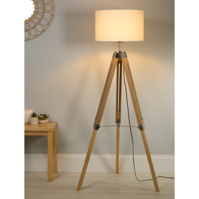 Lighting Collection Light Wood Base Floor Lamp With Cream Linen Shade, Brown