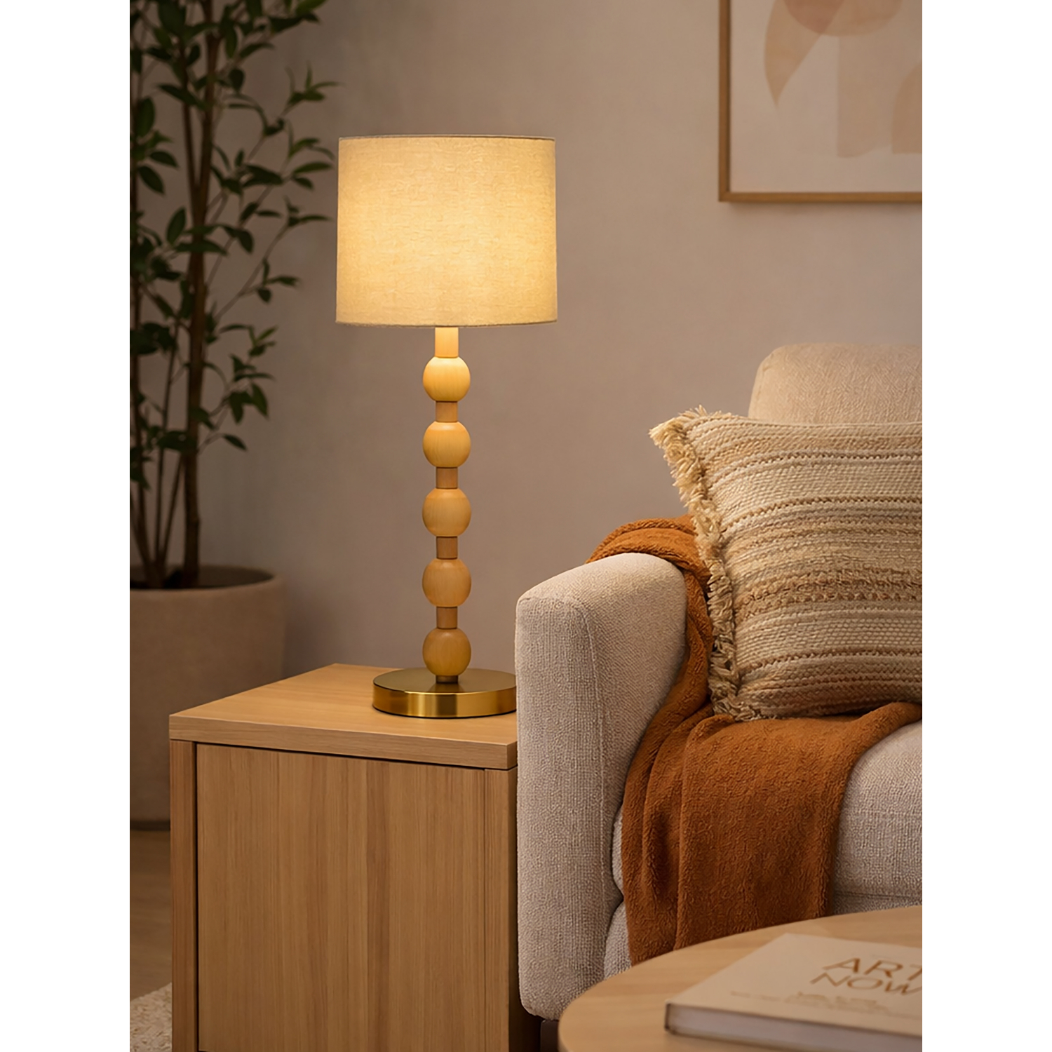 George Natural Searchlight Wooden Spindle Table Lamp With Linen Shade