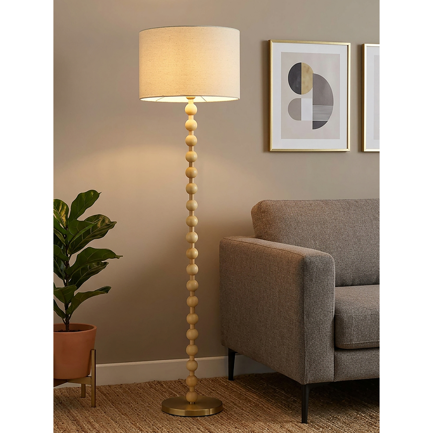 George Natural Searchlight Wooden Spindle Floor Lamp With Linen Shade