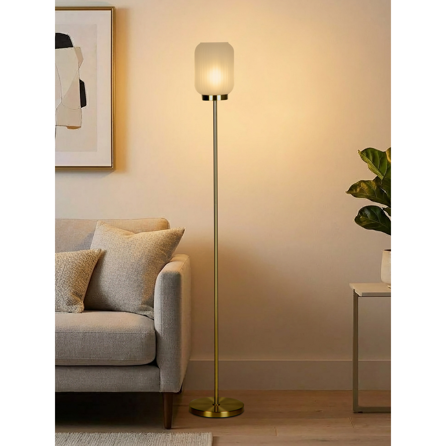 George Gold Searchlight Frosted Ribbed Glass Floor Lamp