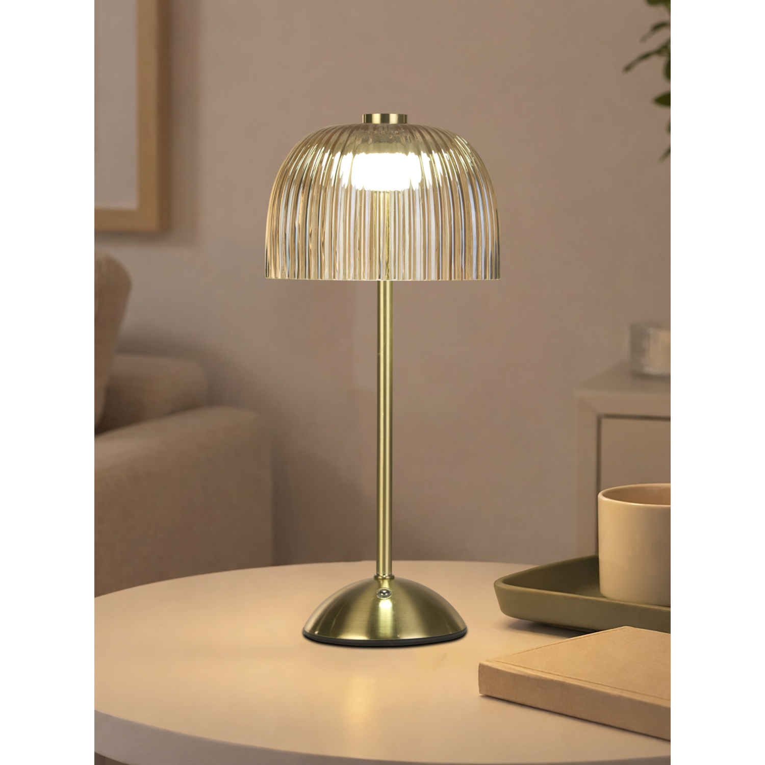 George Amber Searchlight Ribbed Glass Gold Rechargeable Table Lamp