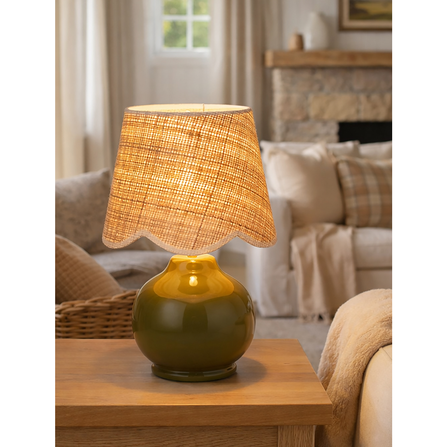 George Green Searchlight Ceramic Table Lamp With Scallop Rattan Shade