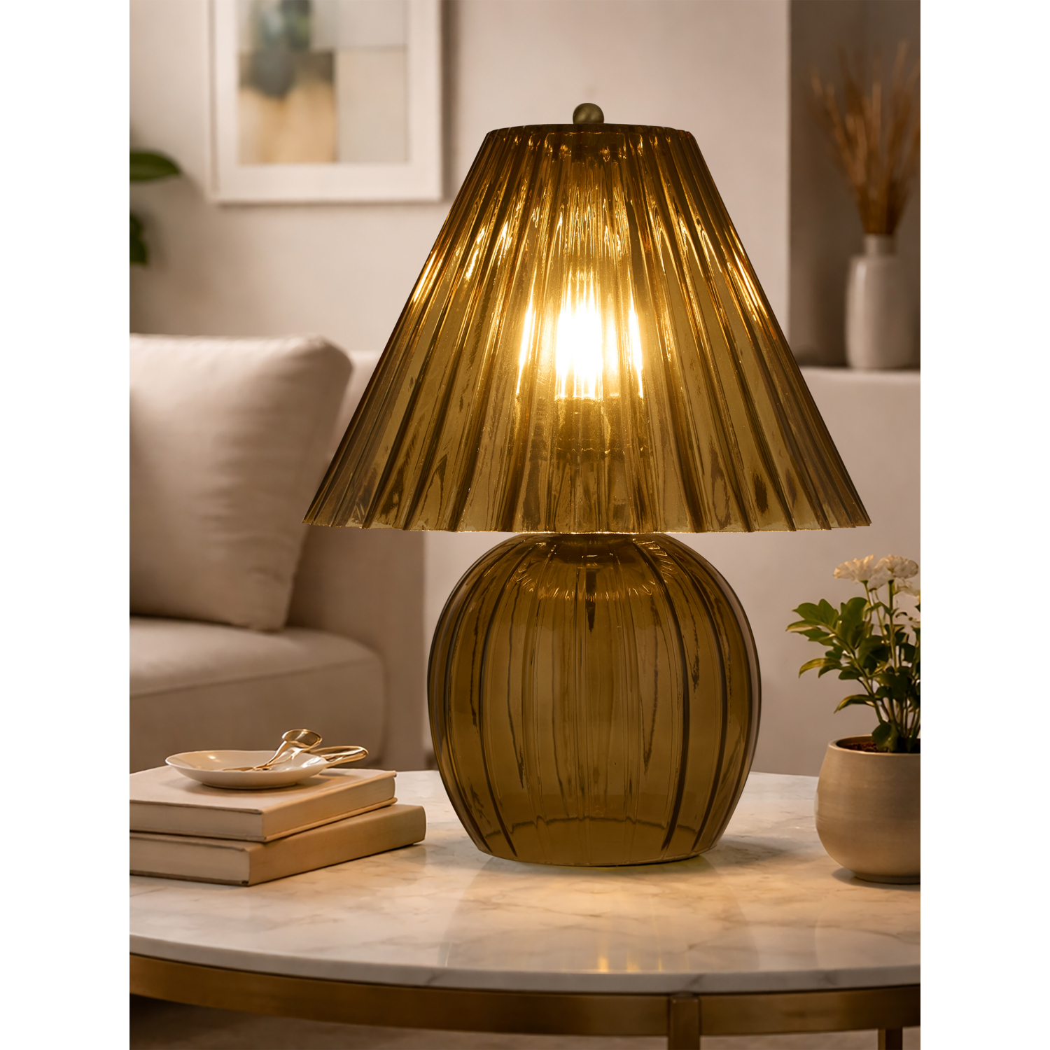 George Amber Searchlight Ribbed Glass Table Lamp