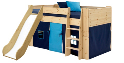 TicTacToe Mid Sleeper Bed, Slide & Accessories Natural Pine & Blue