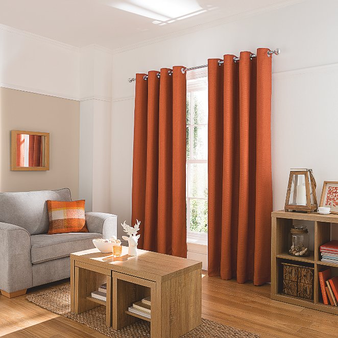Orange Textured Weave Lined Curtains, Orange Patterned Eyelet Curtains