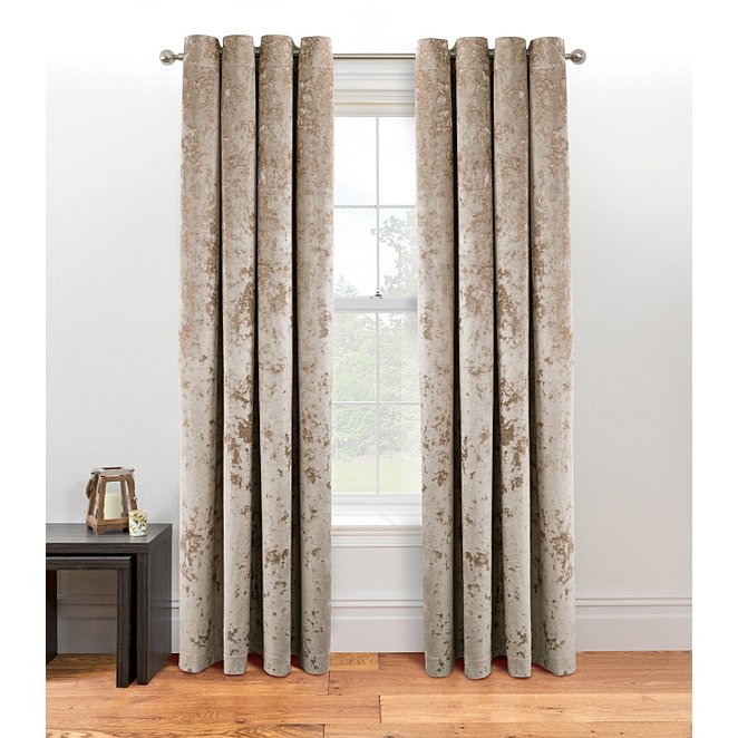 Champagne Embossed Crushed Velvet, Grey And Cream Eyelet Curtains