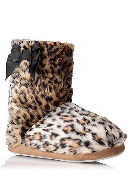 Faux Fur Leopard Print Slipper Boots | Women | George