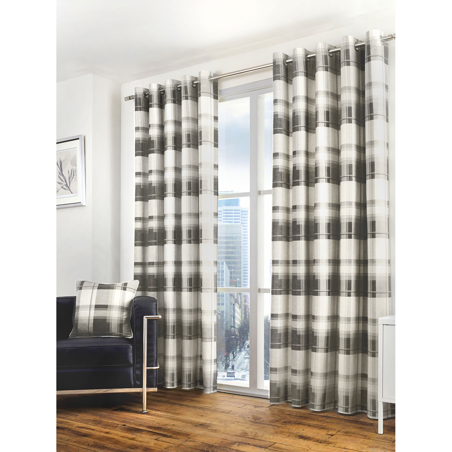 George Charcoal Grey Fusion Balmoral Check 100% Cotton Slate Eyelet Curtains
