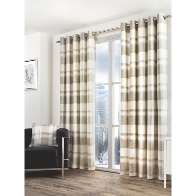 Fusion 'Balmoral Check' Country Checked Pattern Pair of Eyelet Curtains in Natural | Size: 117 cm width x 183 cm drop