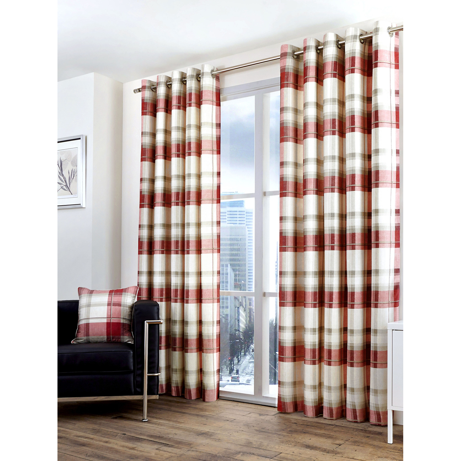 George Red Fusion Balmoral Check 100% Cotton Ruby Eyelet Curtains