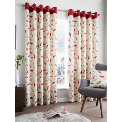 Fusion 'Beechwood' Leaf Trail Pair of 100% Cotton Eyelet Curtains in Red | Size: 168 cm width x 183 cm drop