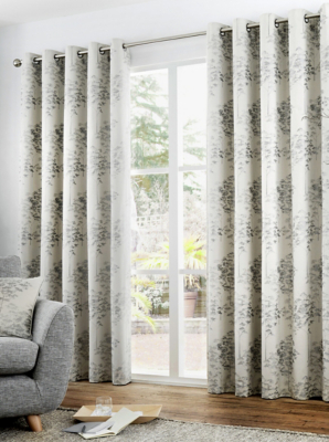 Curtina Elmwood Silver Metallic Jacquard Eyelet Curtains Home