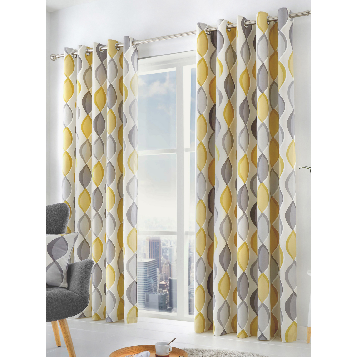 George Yellow & Grey Fusion Lennox Grey & Ochre Eyelet Curtains