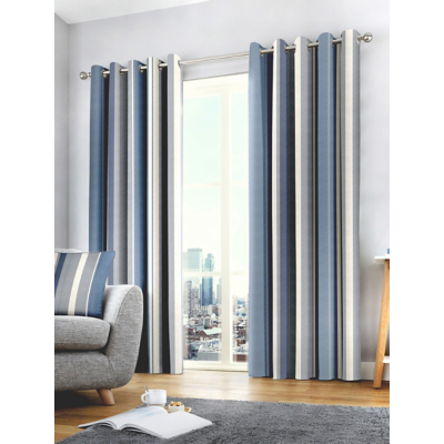Fusion 'Whitworth Stripe' Fully Lined 100% Cotton Eyelet Curtains in Blue | Size: 117 cm width x 137 cm drop