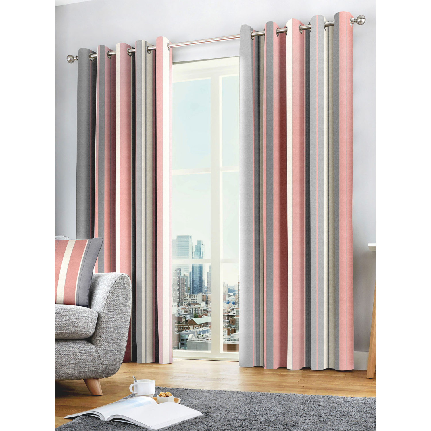 B&Q -  Whitworth Stripe Rose Fully Lined 100% Cotton Eyelet Curtains - Image 6