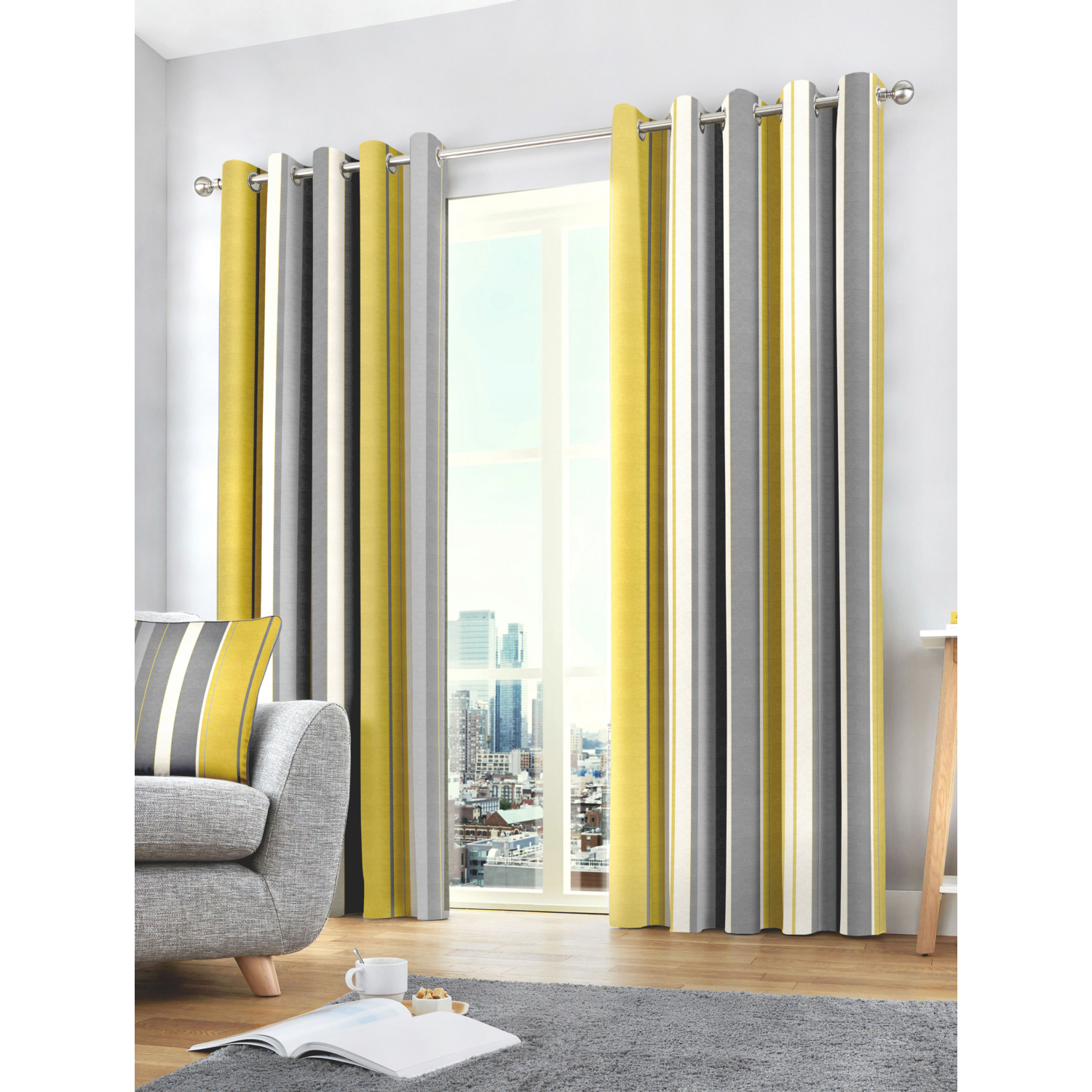 George Ochre Fusion Whitworth Stripe Eyelet Curtains