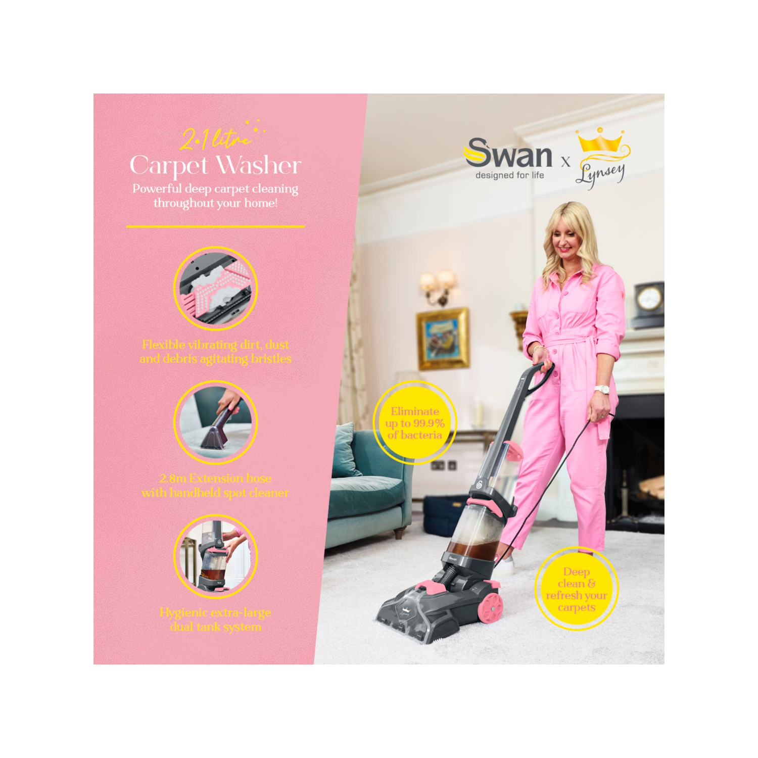 Swan SC17321QOC Carpet Washer 2.1L Pink - Deep Cleaning with 6m Cord & Upholstery Tool - Image 11